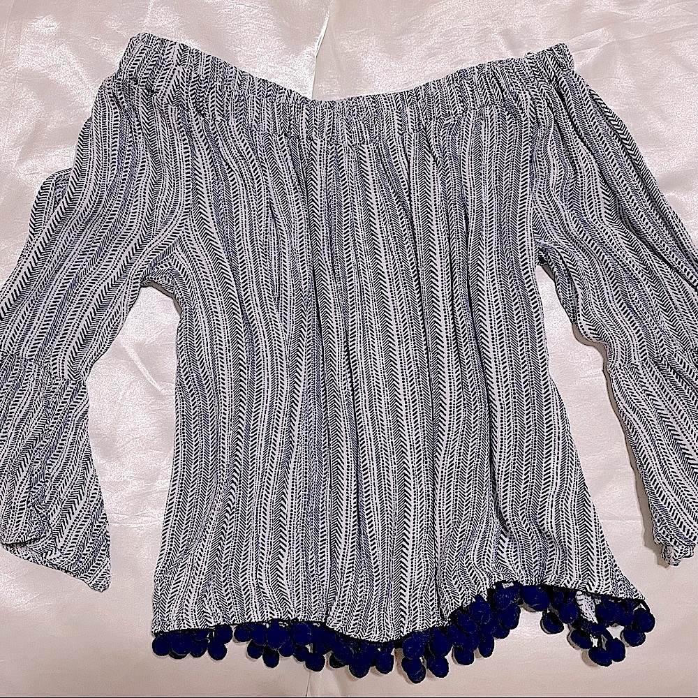 Navy Pom Pom Off the Shoulder Top